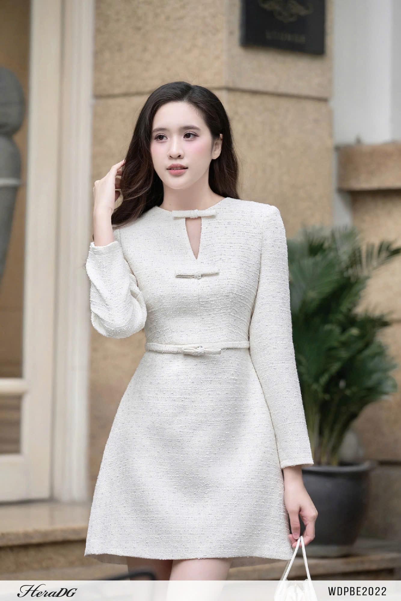 Đầm tweed dáng A có đai nơ