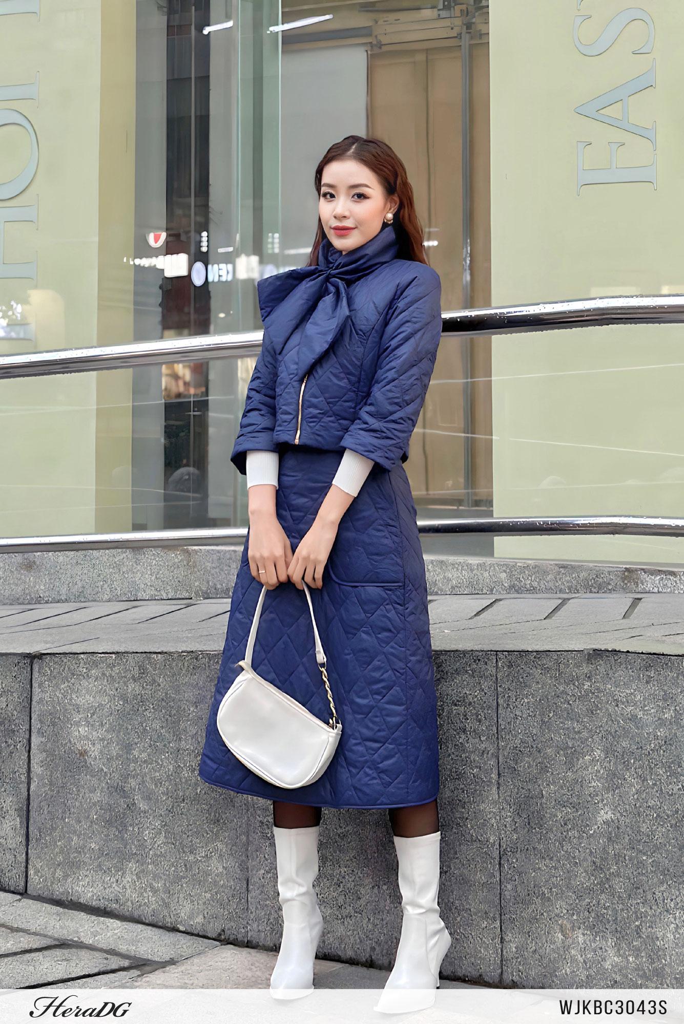 Set áo phao crotop thắt nơ, chân váy midi