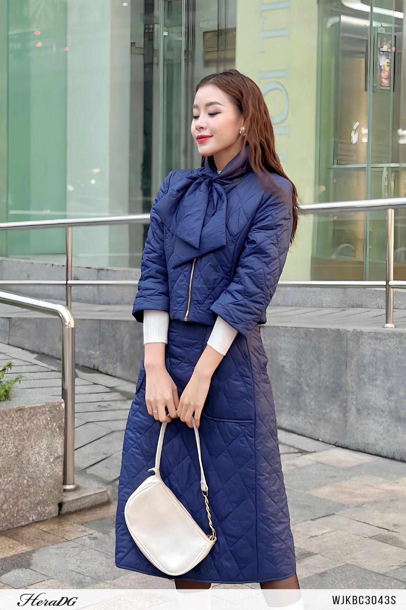 Set áo phao crotop thắt nơ, chân váy midi