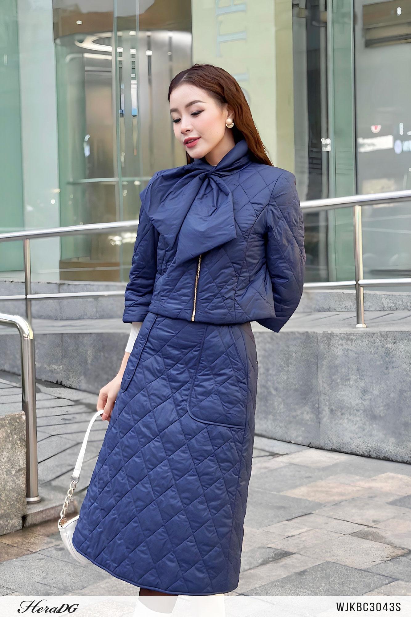Set áo phao crotop thắt nơ, chân váy midi