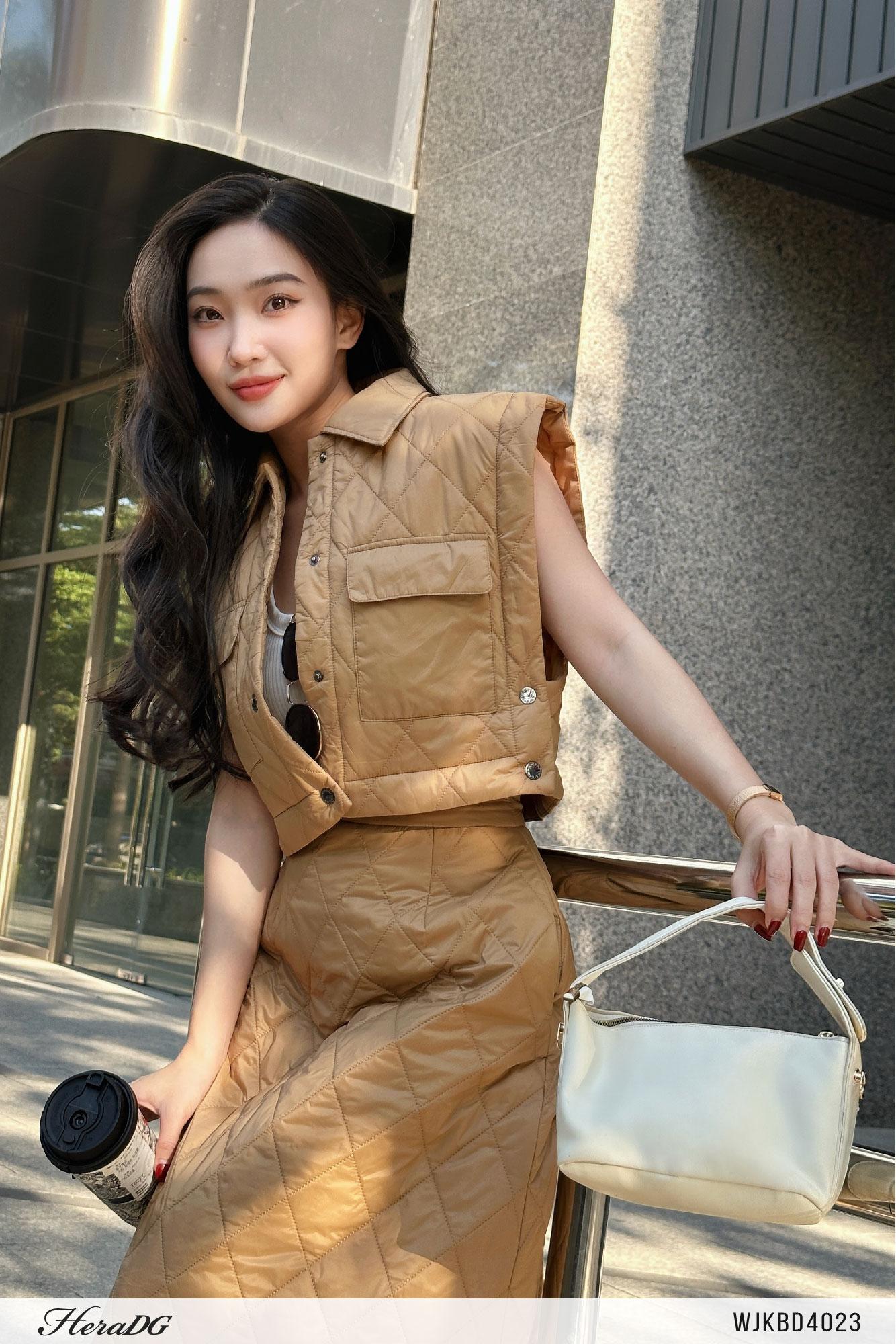 Set áo phao gile chân váy midi