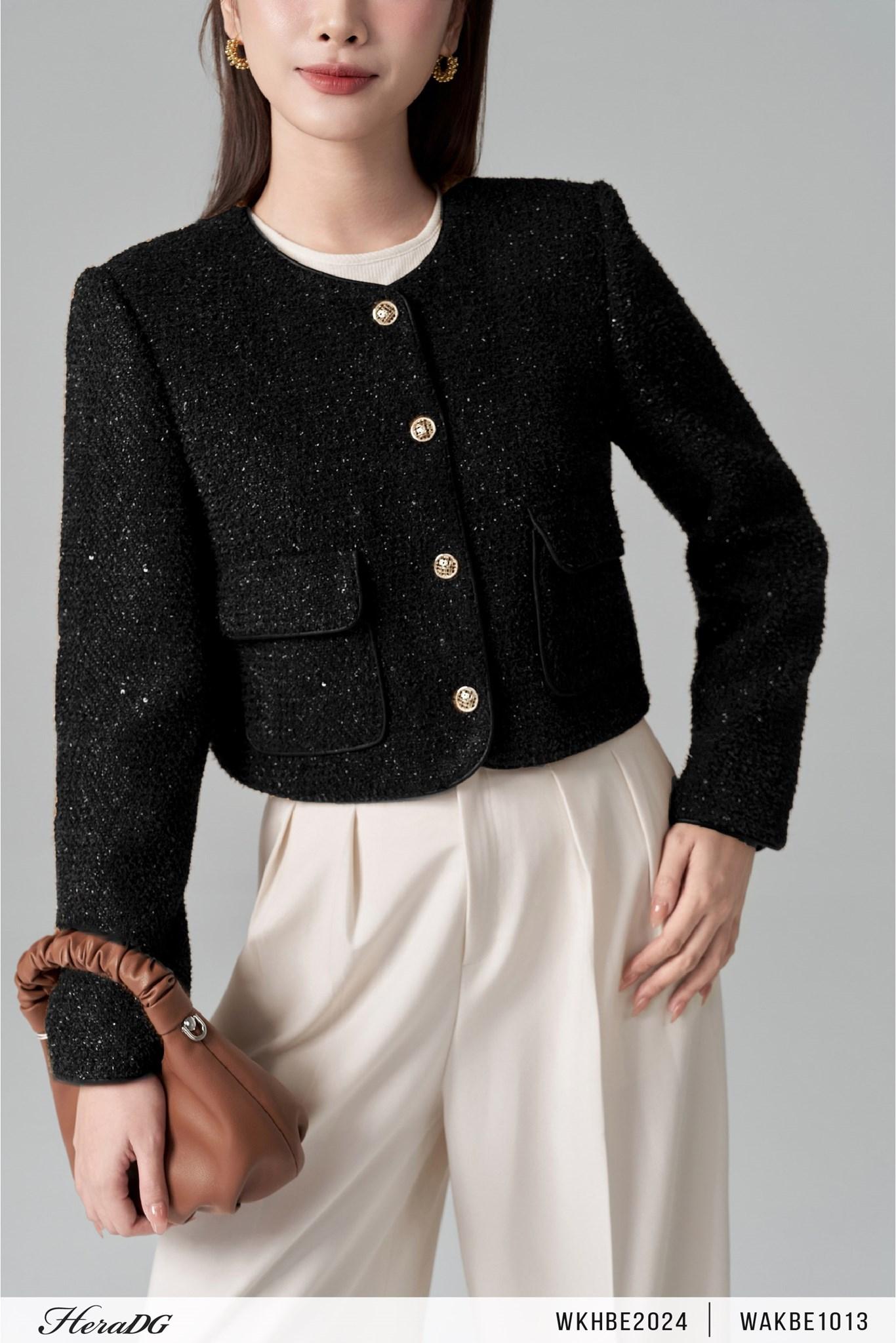 Áo khoác dạ tweed viền da