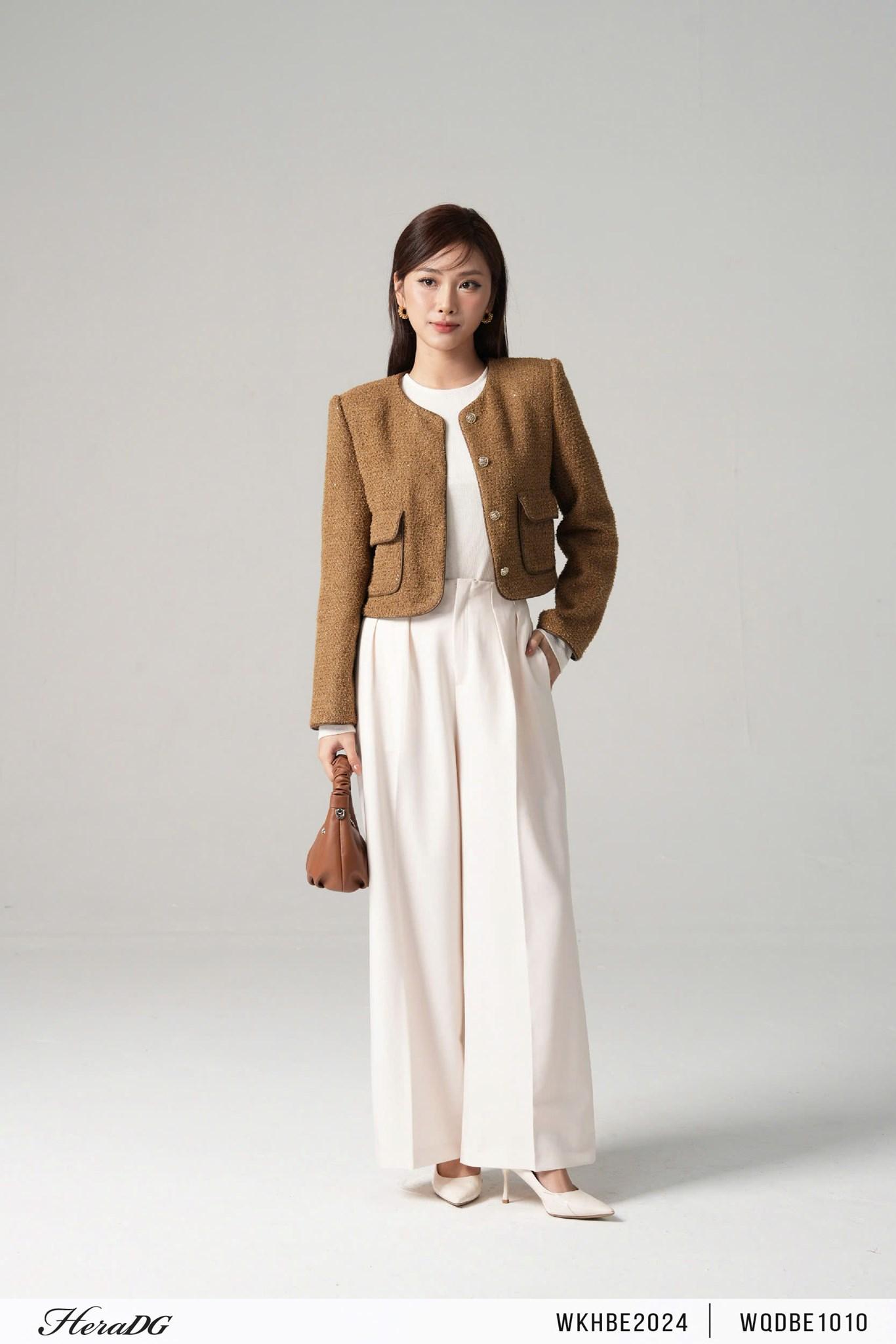 Áo khoác dạ tweed viền da