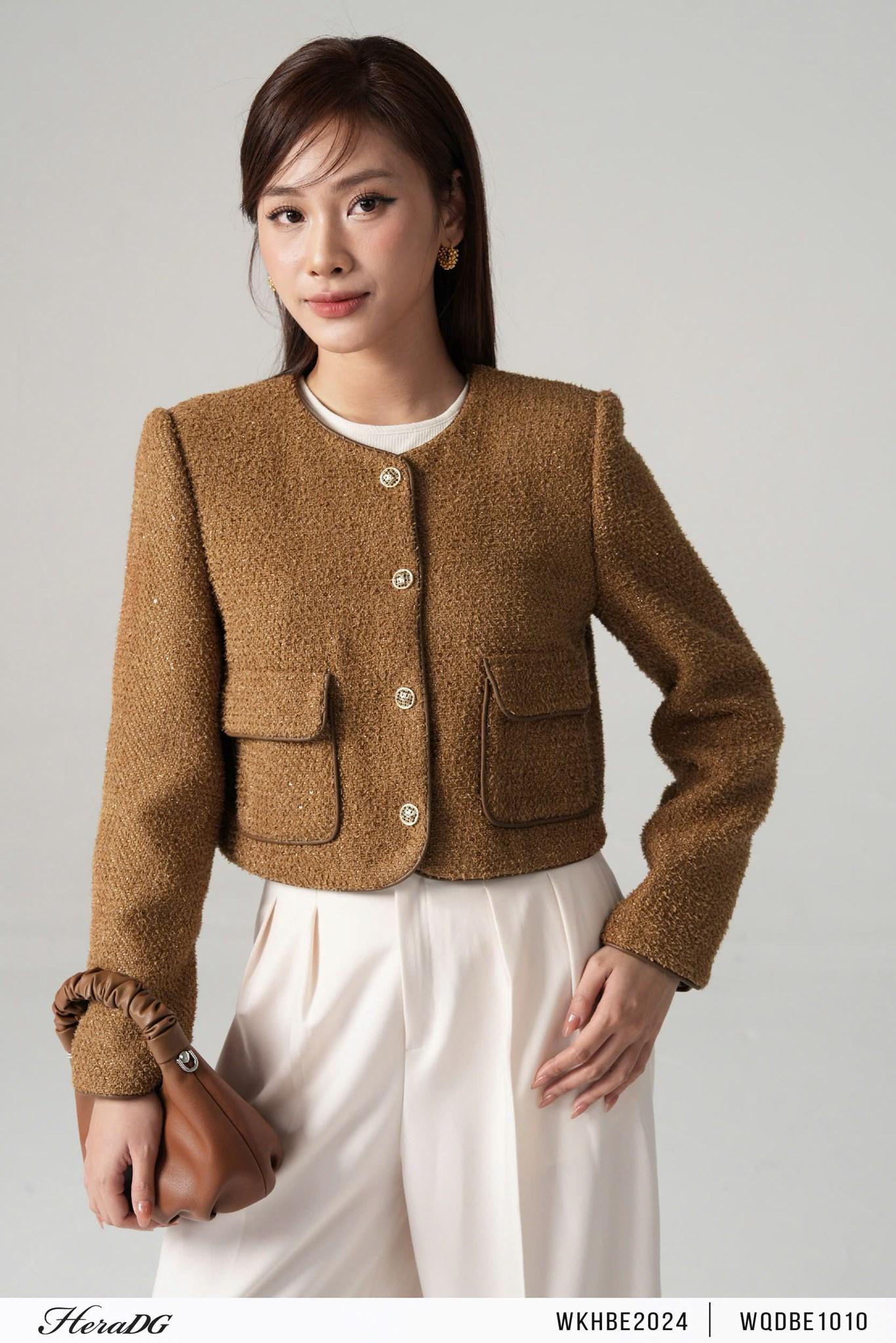 Áo khoác dạ tweed viền da