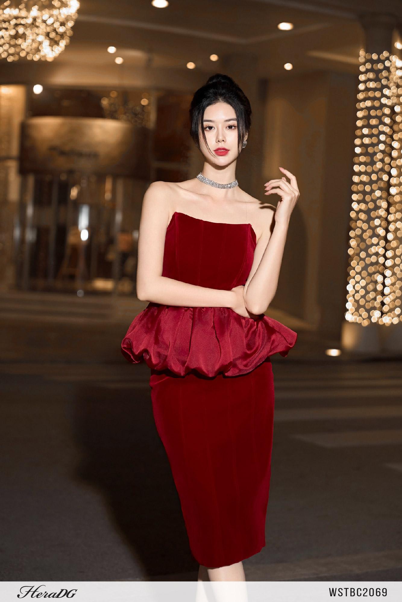 Set áo corset dáng peplum phối tơ, chân váy ôm