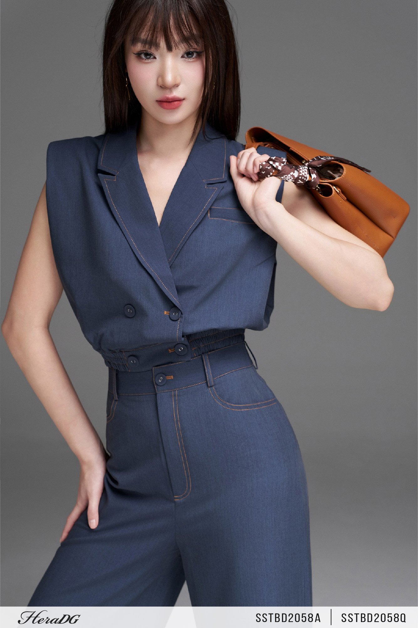 Áo kiểu giả jean cổ 2 ve
