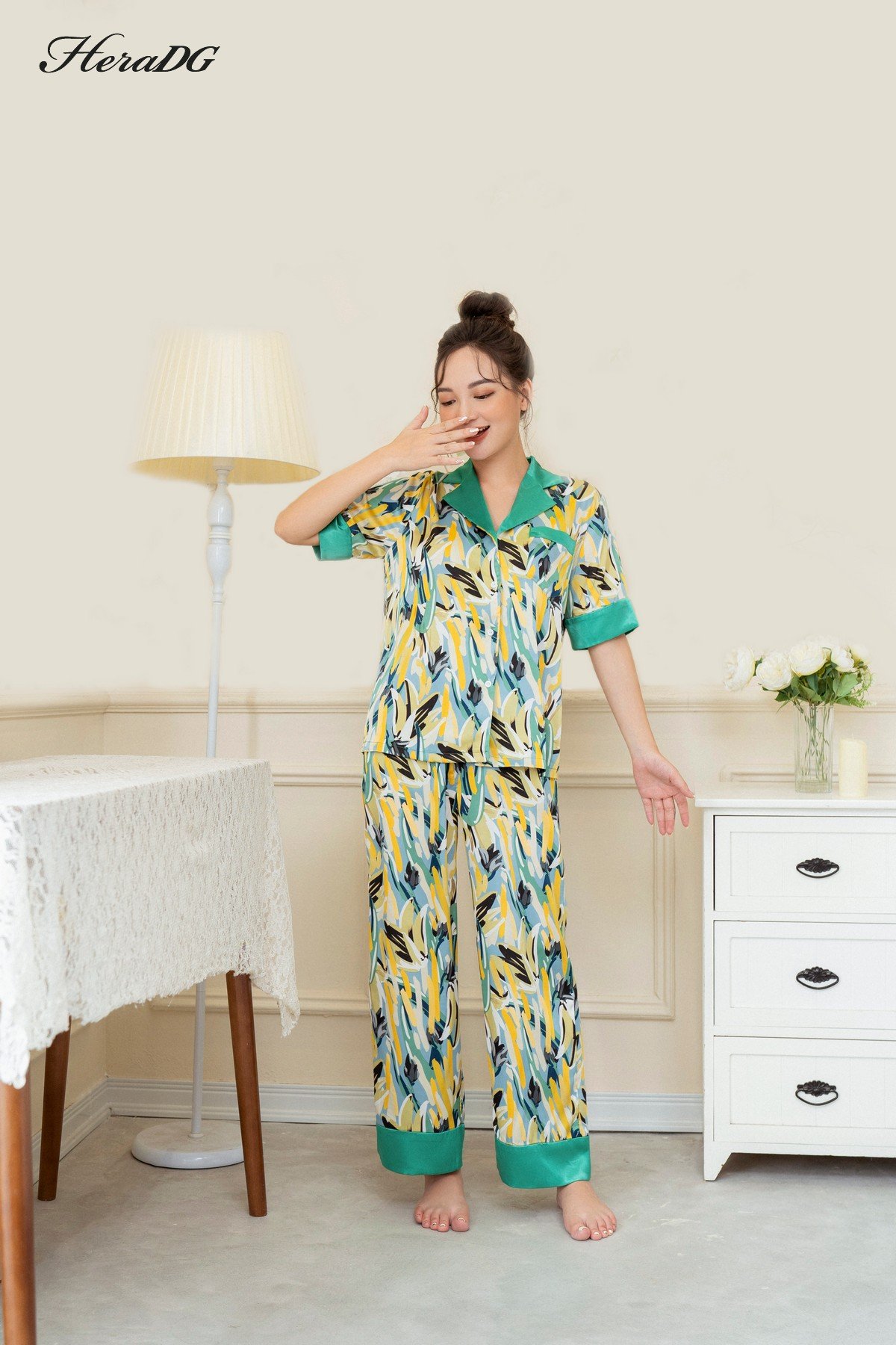 Bộ pijama ngắn tay can phối tay
