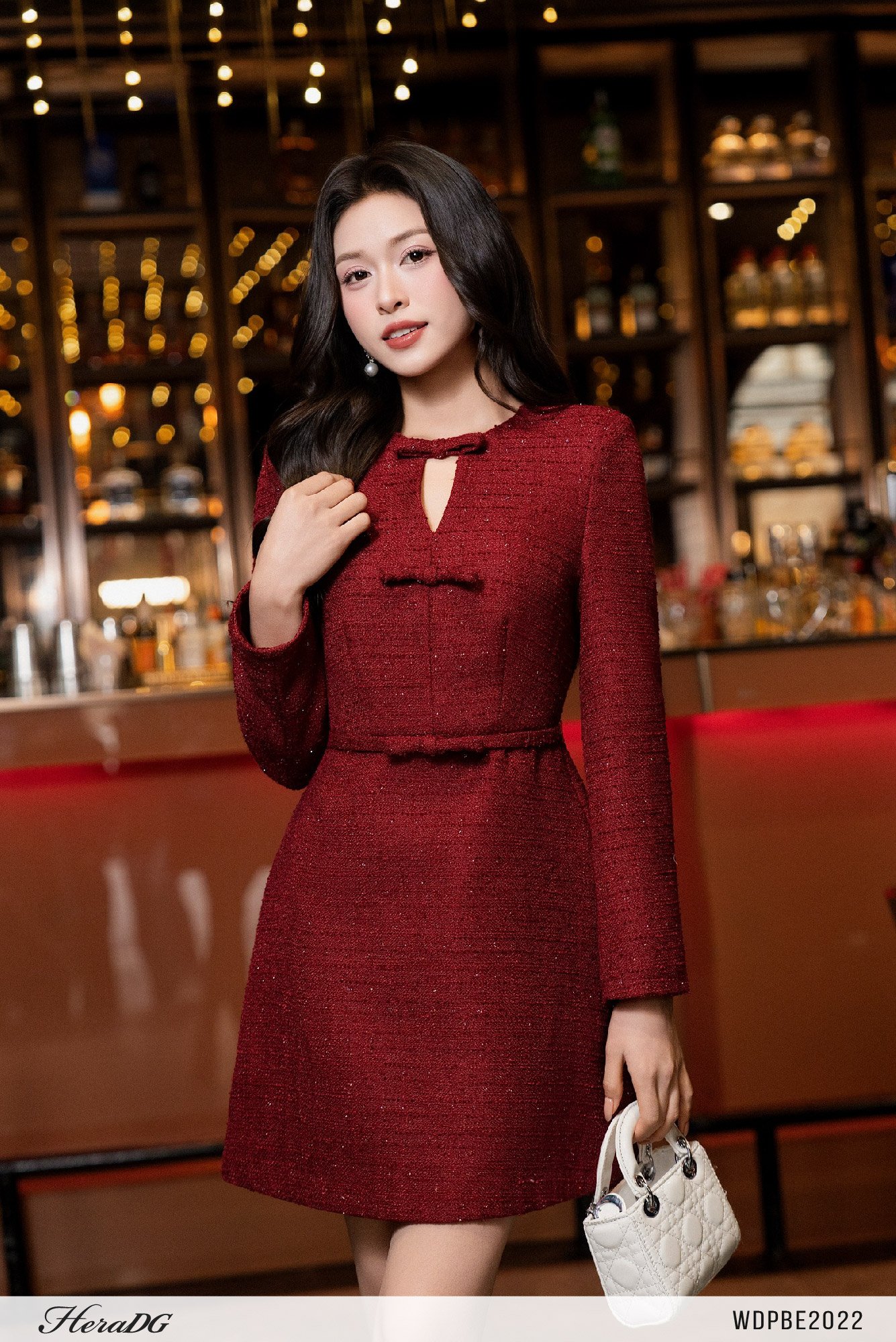 Đầm tweed dáng A có đai nơ