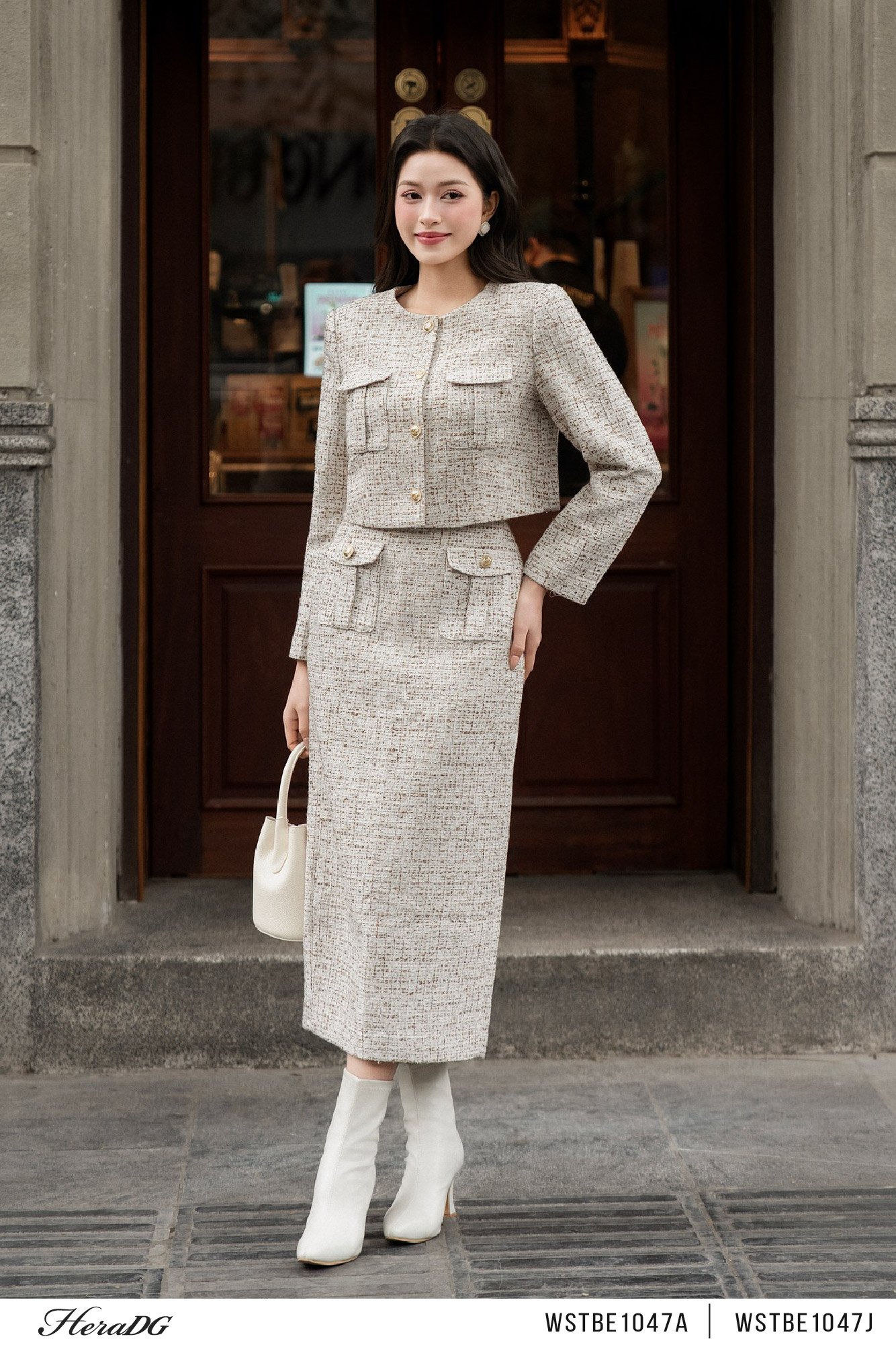 Chân váy dạ tweed dáng suông có túi